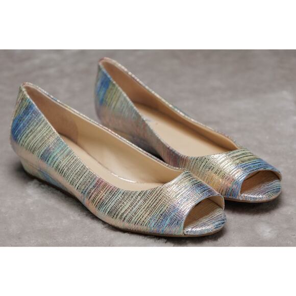 Alex Marie Rainbow Gold Metallic Peep Toe Wedges Womens Size 8 NEW - Picture 1 of 16